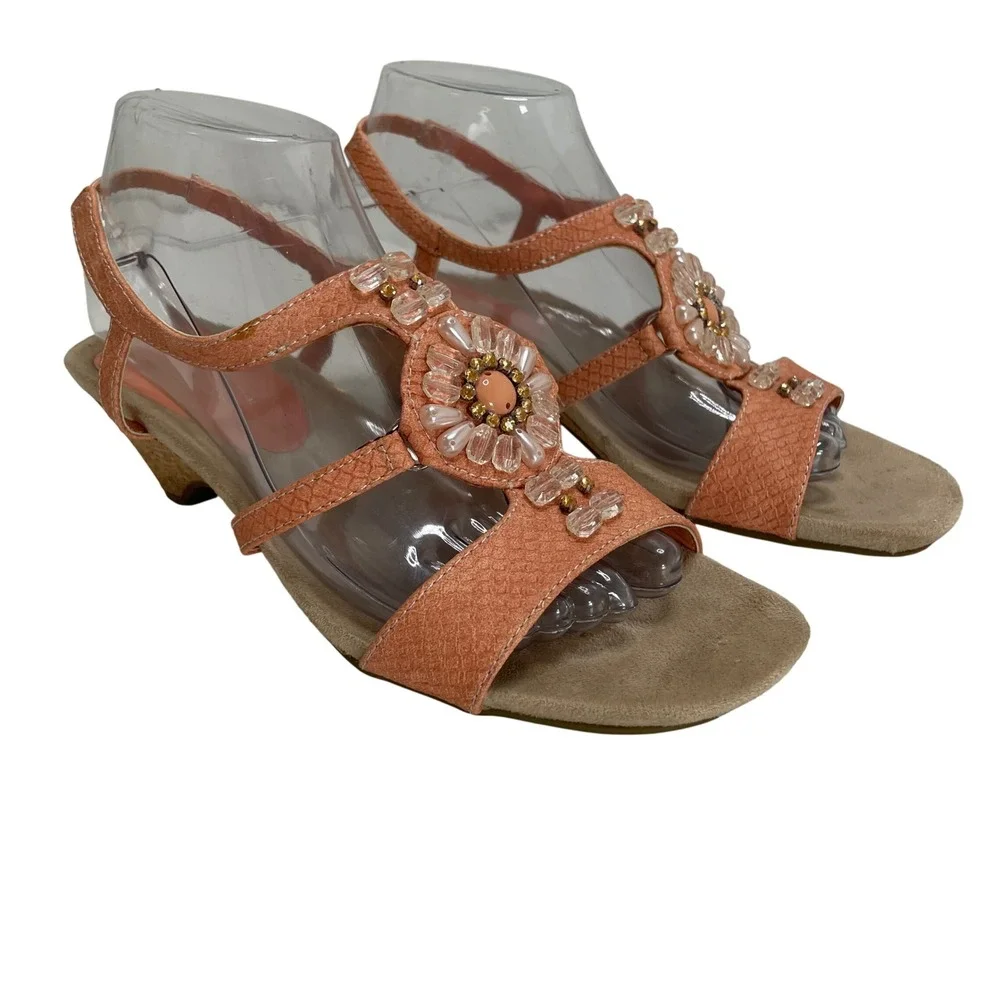 AK Anne Klein Aktinny iflex Orange Beaded Floral Wedge Sandal 8.5M Boho Festival